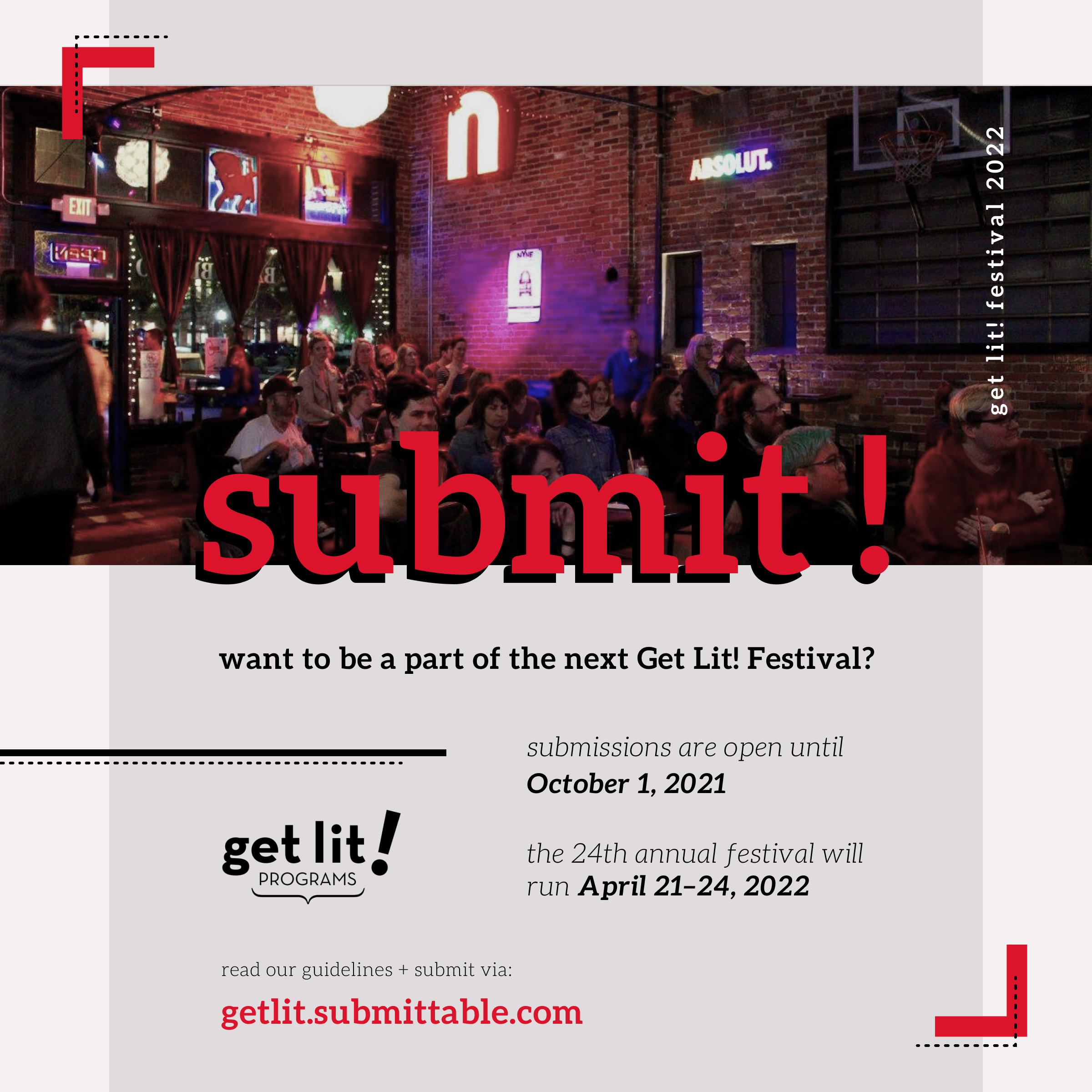 Promotional flyer with black, white, and bright coral color scheme, over a background image of people in a brick building with the word 'submit!' prominently overlaid.