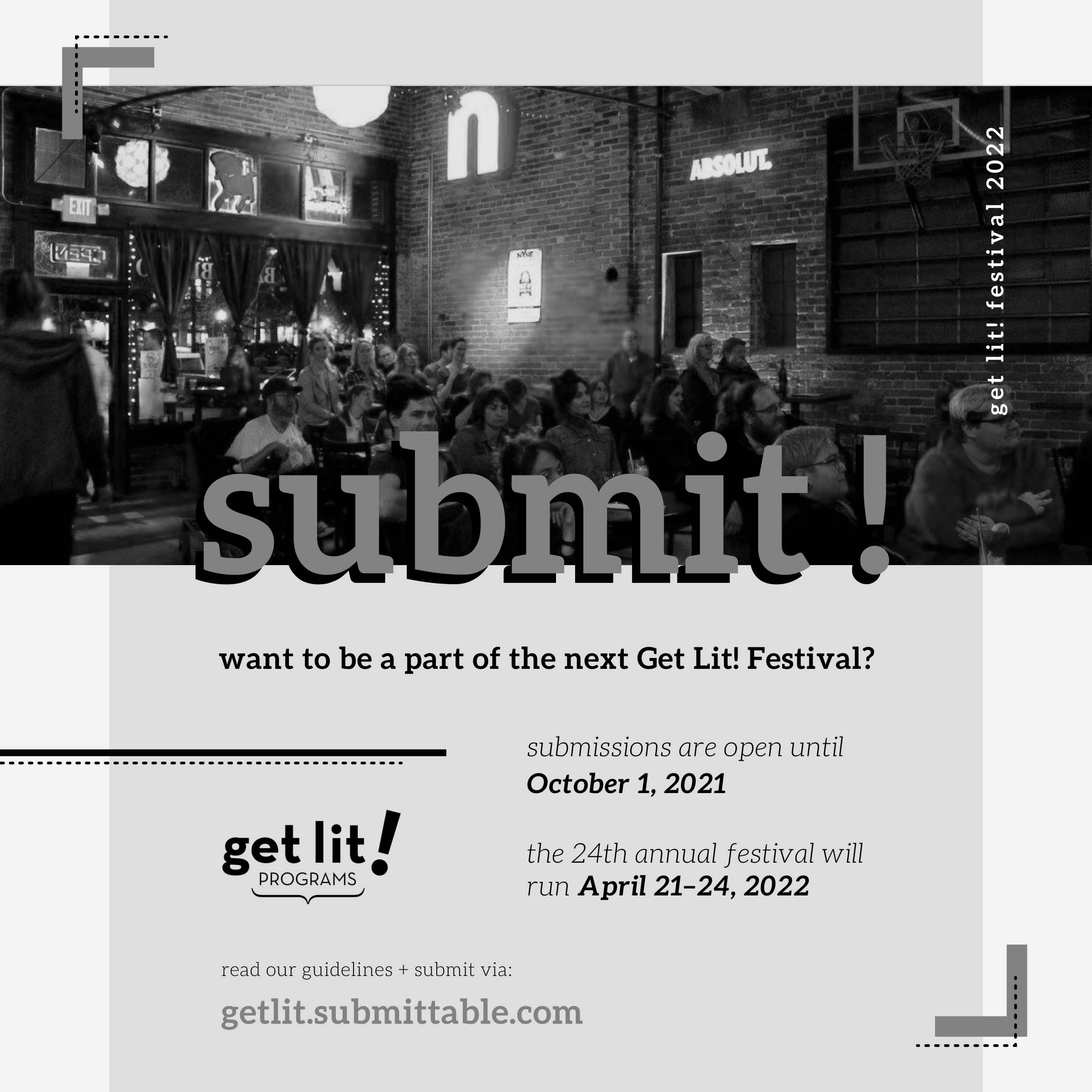 black and white snippet of a flyer showing a photo with a small crowd of people seated in a brick room